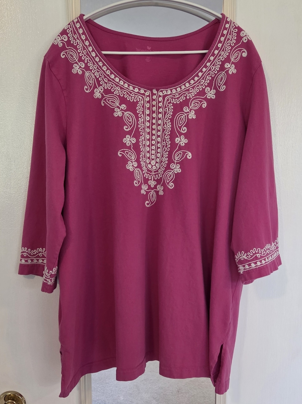 Woman Within Plus Size Berry Embroidered 3/4 Sleeve Tunic Top